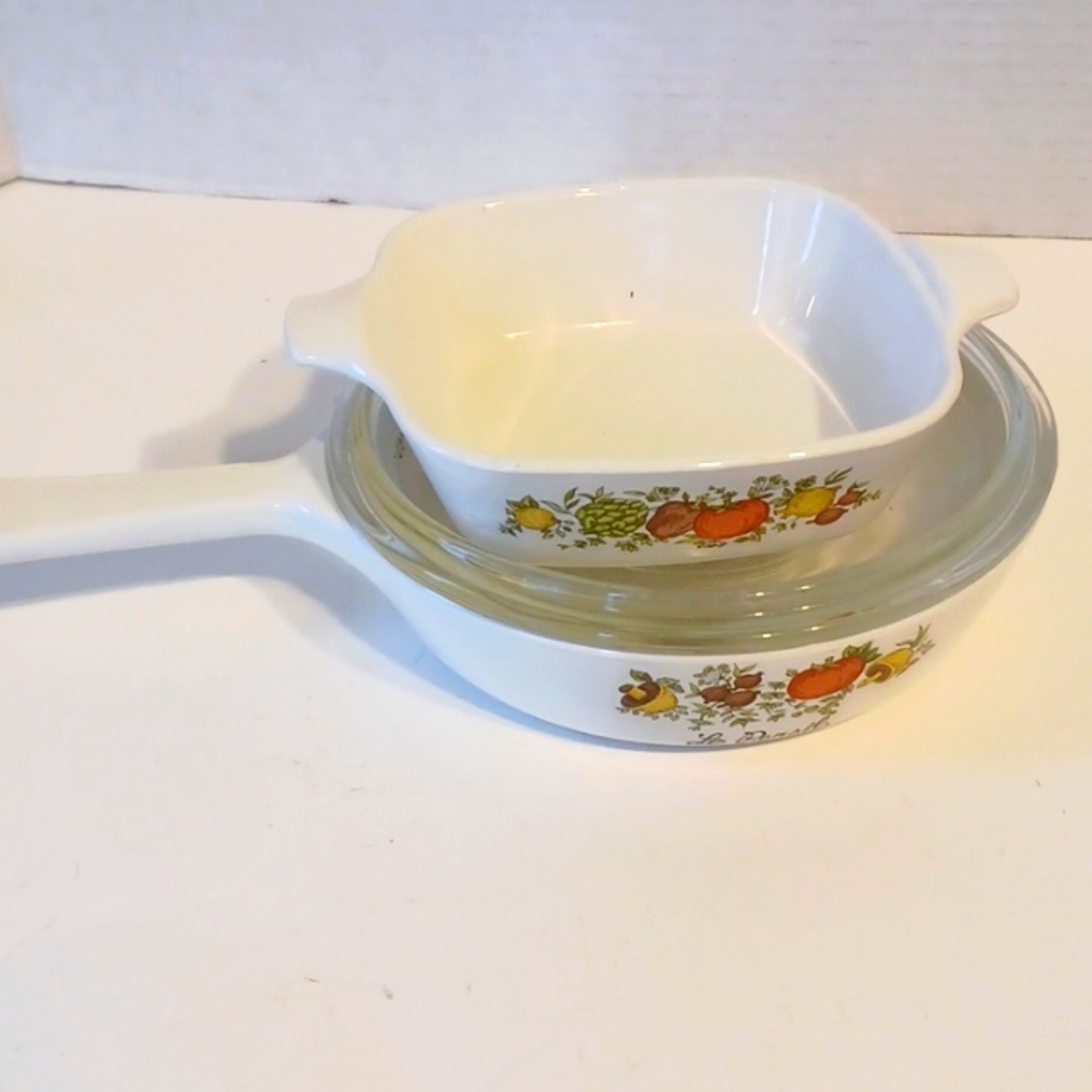 3Pc Corning Ware Spice of Life Le Persil Cook Ware Pyrex Glass Lid Skillet